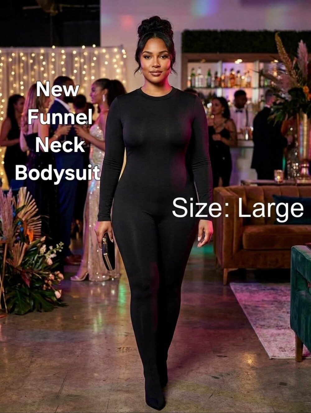 New Funnel Neck Black Bodysuit Jumpsuit Large